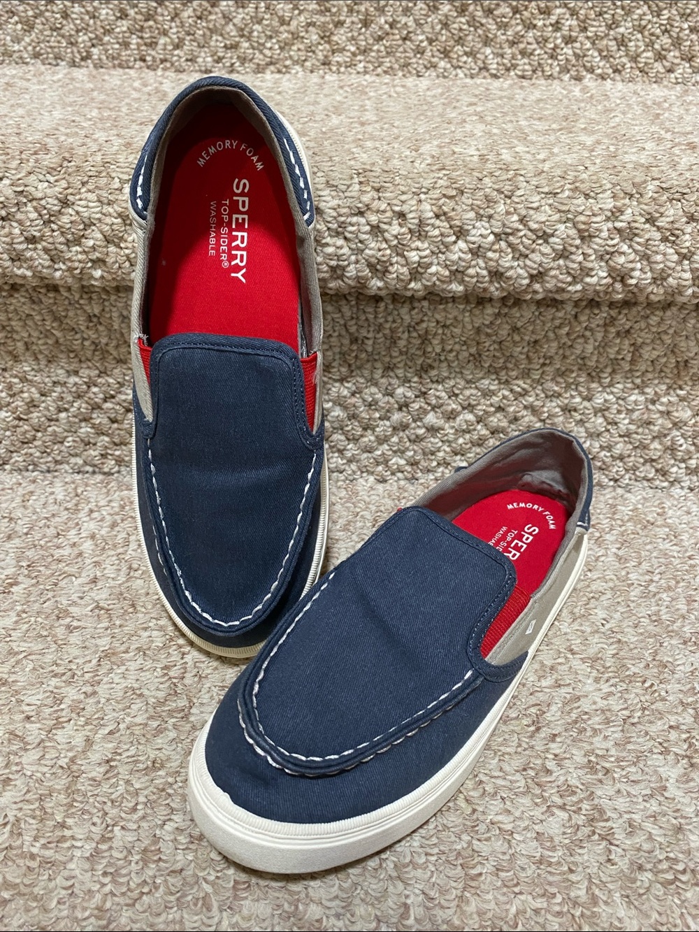 Sperry Navy Canvas Slip-On Boat Shoes with Red Insoles